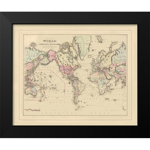 Mercator Projection American Continent Black Modern Wood Framed Art Print by Unknown