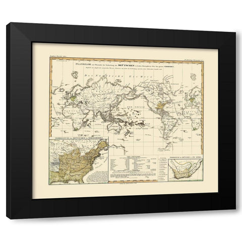 Distribution of Germans World - Perthes 1846 Black Modern Wood Framed Art Print by Perthes