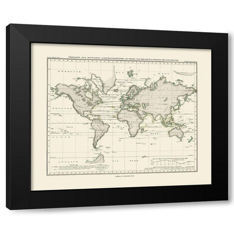World Seas Air Pressure - Perthes 1839 Black Modern Wood Framed Art Print by Perthes