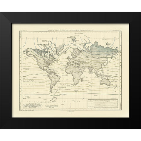 World Isothermal Curves - Perthes 1838 Black Modern Wood Framed Art Print by Perthes