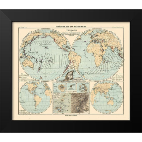 Seismic Activity Volcanos World - Perthes 1838 Black Modern Wood Framed Art Print by Perthes