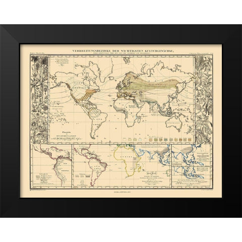 World Main Crops - Perthes 1859 Black Modern Wood Framed Art Print by Perthes