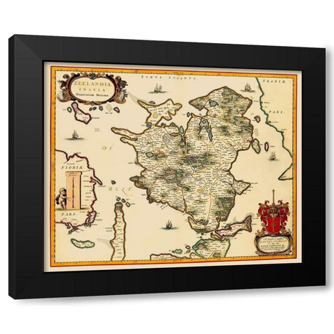 Denmark - Blaeu 1662 Black Modern Wood Framed Art Print with Double Matting by Blaeu