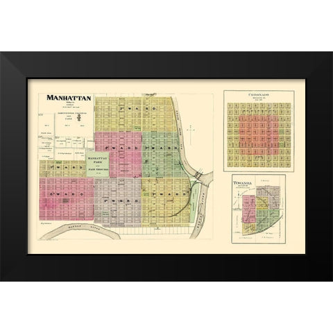 Manhattan, Coronado, Towanda Kansas - Everts 1887 Black Modern Wood Framed Art Print by Everts