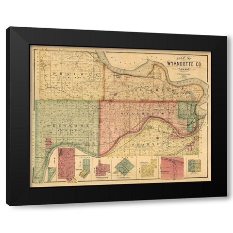 Wyandotte County Kansas - Hopkins 1887  Black Modern Wood Framed Art Print with Double Matting by Hopkins