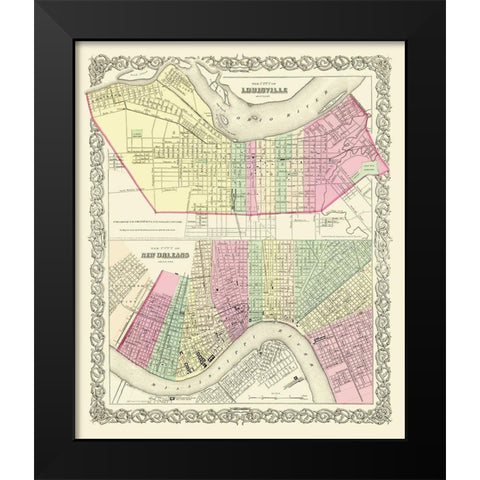 Louisville and New Orleans - Colton 1857 Black Modern Wood Framed Art Print by Colton