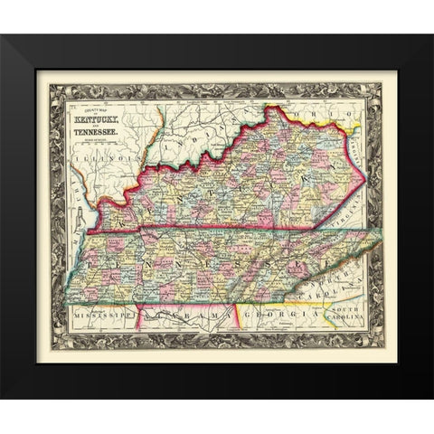 Kentucky, Tennessee Counties - Mitchell 1860 Black Modern Wood Framed Art Print by Mitchell