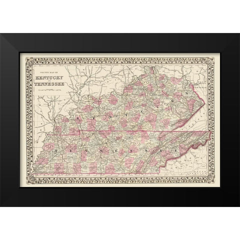 Kentucky, Tennessee Counties - Mitchell 1879 Black Modern Wood Framed Art Print by Mitchell