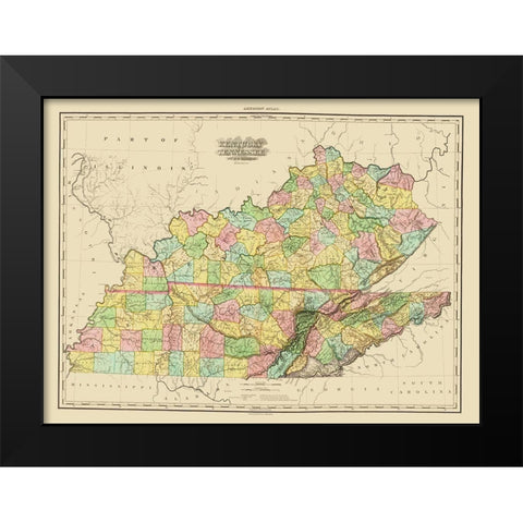 Kentucky, Tennessee Counties - Tanner 1825 Black Modern Wood Framed Art Print by Tanner