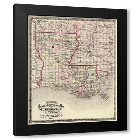 Louisiana Railroad and Townships - Cram 1875 Black Modern Wood Framed Art Print with Double Matting by Cram
