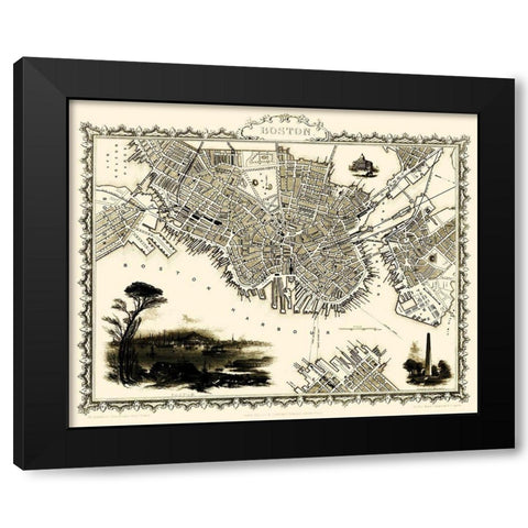 Boston Massachusetts - Tallis 1838 Black Modern Wood Framed Art Print with Double Matting by Tallis