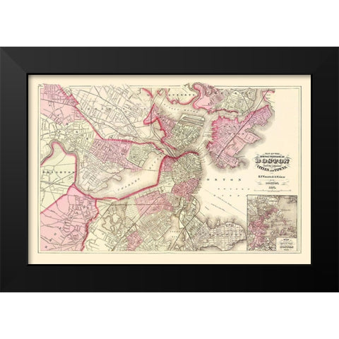 Boston Massachusetts - Walling 1871 Black Modern Wood Framed Art Print by Walling