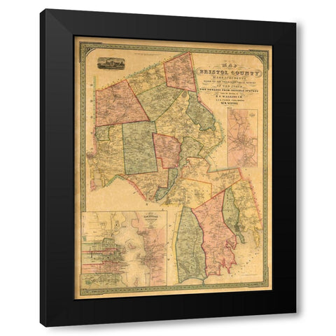 Bristol County Massachusetts - Walling 1852 Black Modern Wood Framed Art Print by Walling