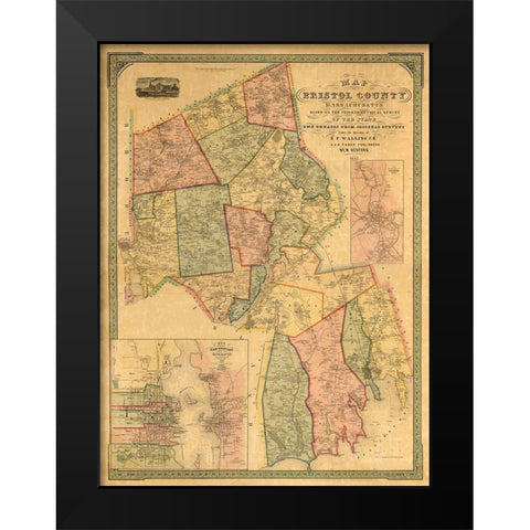 Bristol County Massachusetts - Walling 1852 Black Modern Wood Framed Art Print by Walling