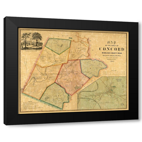 Concord Massachusetts - Walling 1852  Black Modern Wood Framed Art Print with Double Matting by Walling