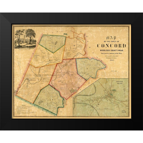 Concord Massachusetts - Walling 1852  Black Modern Wood Framed Art Print by Walling