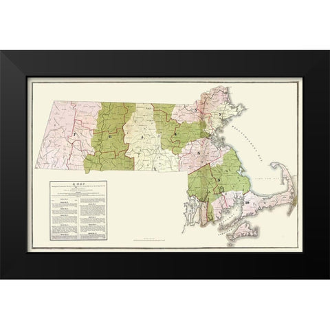 Massachusetts Election Districts - Bigelow 1842  Black Modern Wood Framed Art Print by Bigelow
