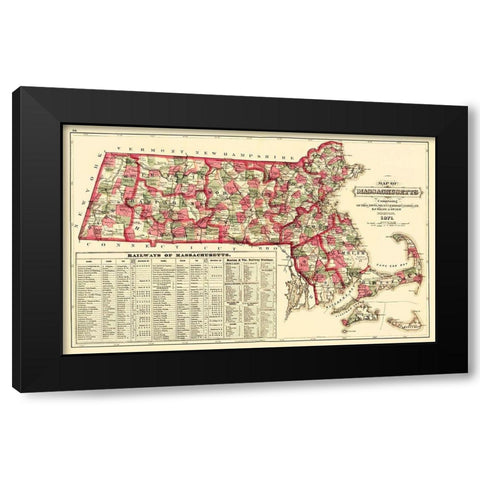 Massachusetts - Walling and Gray 1871 Black Modern Wood Framed Art Print by Walling
