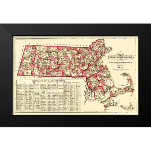 Massachusetts - Walling and Gray 1871 Black Modern Wood Framed Art Print by Walling