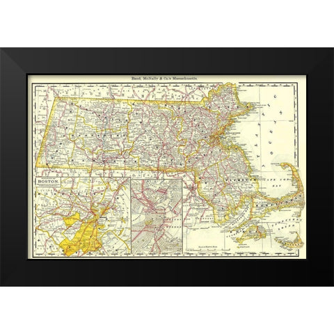 Massachusetts - Rand McNally 1879 Black Modern Wood Framed Art Print by Rand McNally