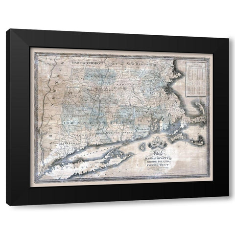 Massachusetts Rhode Island Connecticut - Bingham 1840  Black Modern Wood Framed Art Print with Double Matting by Bingham