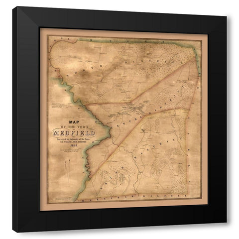 Medfield Massachusetts - Walling 1852  Black Modern Wood Framed Art Print by Walling