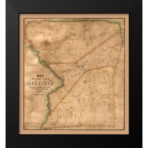 Medfield Massachusetts - Walling 1852  Black Modern Wood Framed Art Print by Walling