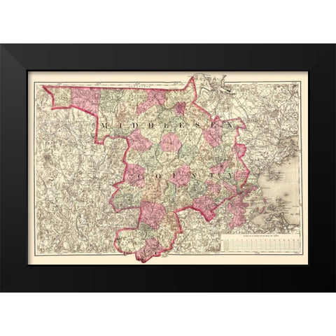 Middlesex Massachusetts - Walling 1871 Black Modern Wood Framed Art Print by Walling