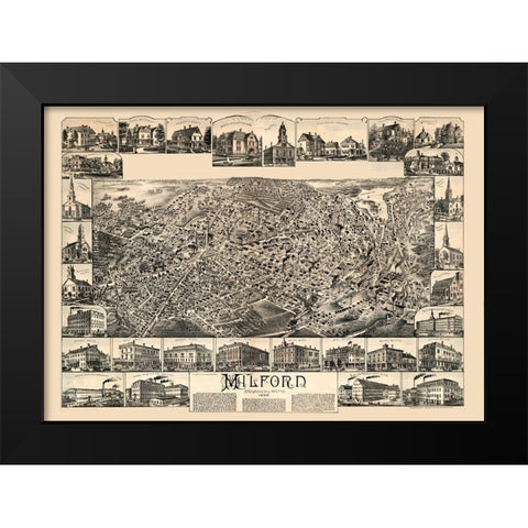 Milford Massachusetts - Bailey 1888  Black Modern Wood Framed Art Print by Bailey