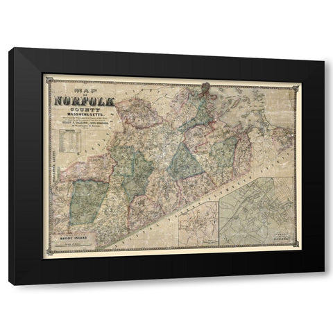 Norfolk County Massachusetts - Walling 1853 Black Modern Wood Framed Art Print with Double Matting by Walling