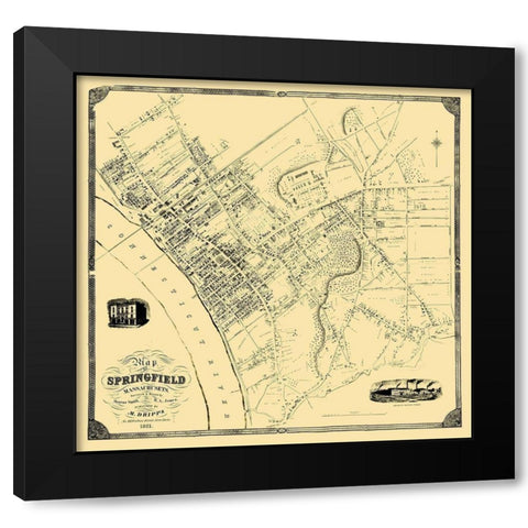 Springfield Massachusetts Landowner - Dripps 1851 Black Modern Wood Framed Art Print by Dripps
