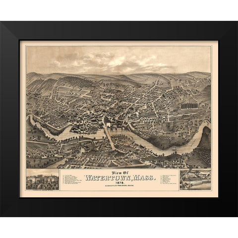 Watertown Massachusetts - Bailey 1879  Black Modern Wood Framed Art Print by Bailey