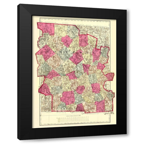 Worcester Massachusetts - Walling 1871 Black Modern Wood Framed Art Print with Double Matting by Walling