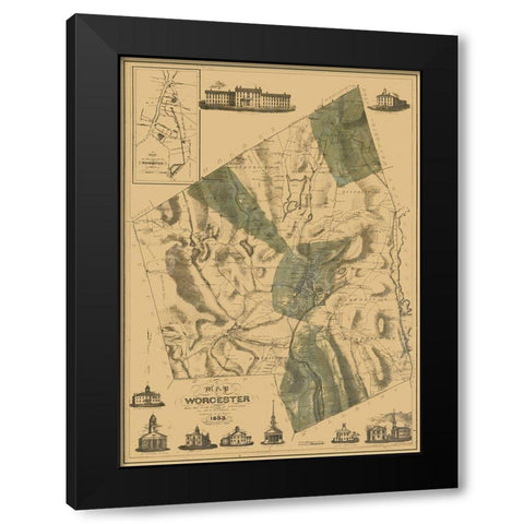 Worcester County Massachusetts - Stebbins 1833 Black Modern Wood Framed Art Print with Double Matting by Stebbins