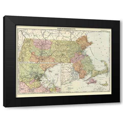 Massachusetts - Rand McNally 1890 Black Modern Wood Framed Art Print by Rand McNally