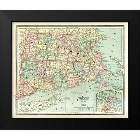 Massachusetts, Connecticut, Rhode Island Black Modern Wood Framed Art Print by Cram