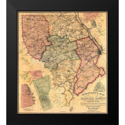 Harford Maryland Landowner - Martenet 1878 Black Modern Wood Framed Art Print by Martenet