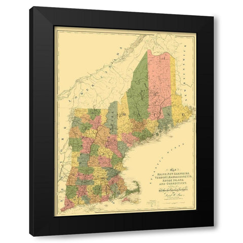 Maine and Surrounding States - Arrowsmith 1839 Black Modern Wood Framed Art Print with Double Matting by Arrowsmith