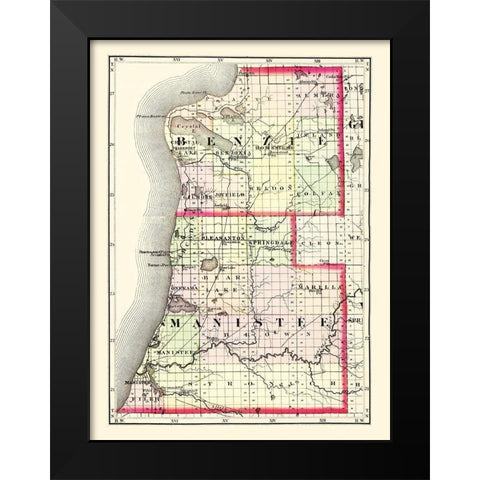 Benzie  Manistee Michigan - Walling 1873 Black Modern Wood Framed Art Print by Walling