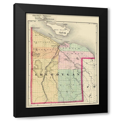 Cheboygan Michigan - Walling 1873 Black Modern Wood Framed Art Print with Double Matting by Walling