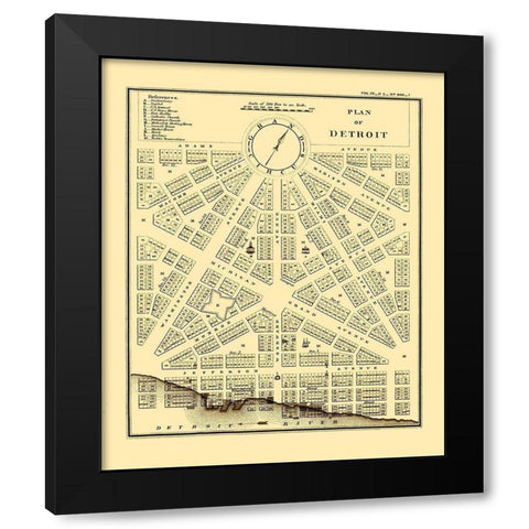 Detroit, Plan Michigan Plan - Bowen 1807 Black Modern Wood Framed Art Print by Bowen