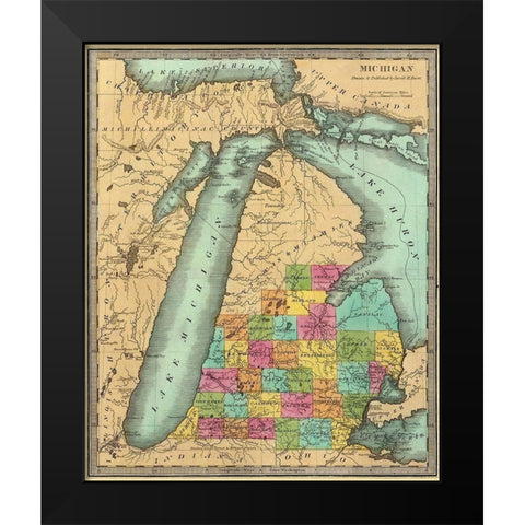 Michigan - Burr 1835 Black Modern Wood Framed Art Print by Burr