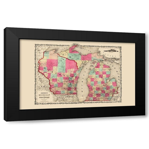 Michigan, Wisconsin - Johnson 1860 Black Modern Wood Framed Art Print by Johnson