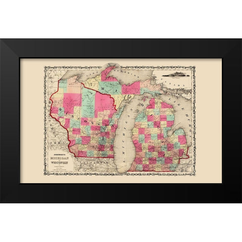 Michigan, Wisconsin - Johnson 1860 Black Modern Wood Framed Art Print by Johnson