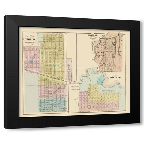 Litchfield, Brainerd, Willmar Minnesota 1874 Black Modern Wood Framed Art Print with Double Matting by Andreas