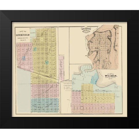 Litchfield, Brainerd, Willmar Minnesota 1874 Black Modern Wood Framed Art Print by Andreas