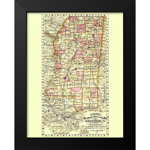 Mississippi Railroad and Townships - Cram 1878 Black Modern Wood Framed Art Print by Cram