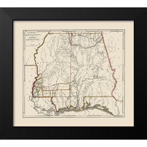 Mississippi, Alabama Territory - Carey 1818 Black Modern Wood Framed Art Print by Carey