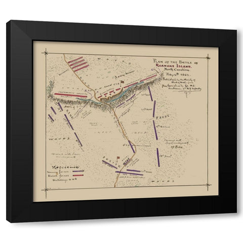 Roanoke Island North Carolina Battle - Sneden 1862  Black Modern Wood Framed Art Print with Double Matting by Sneden