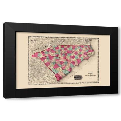 North Carolina, South Carolina - Johnson 1860 Black Modern Wood Framed Art Print by Johnson